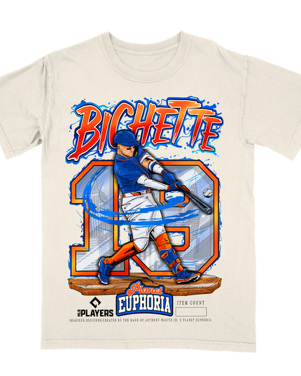 Bo Bichette NY Mets MLB Player graphic tee by Planet Euphoria in off-white, front view.