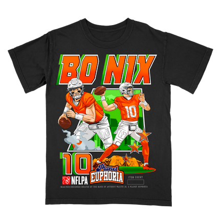 Bo Nix Denver Broncos #10 graphic t-shirt by Planet Euphoria in black, front view.