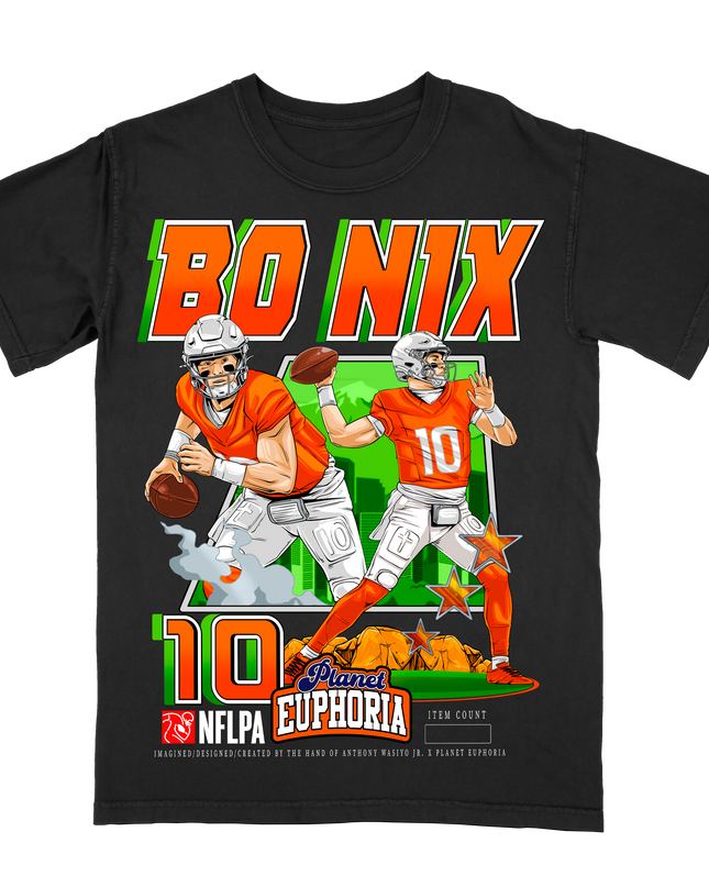 Bo Nix Denver Broncos #10 graphic t-shirt by Planet Euphoria in black, front view.