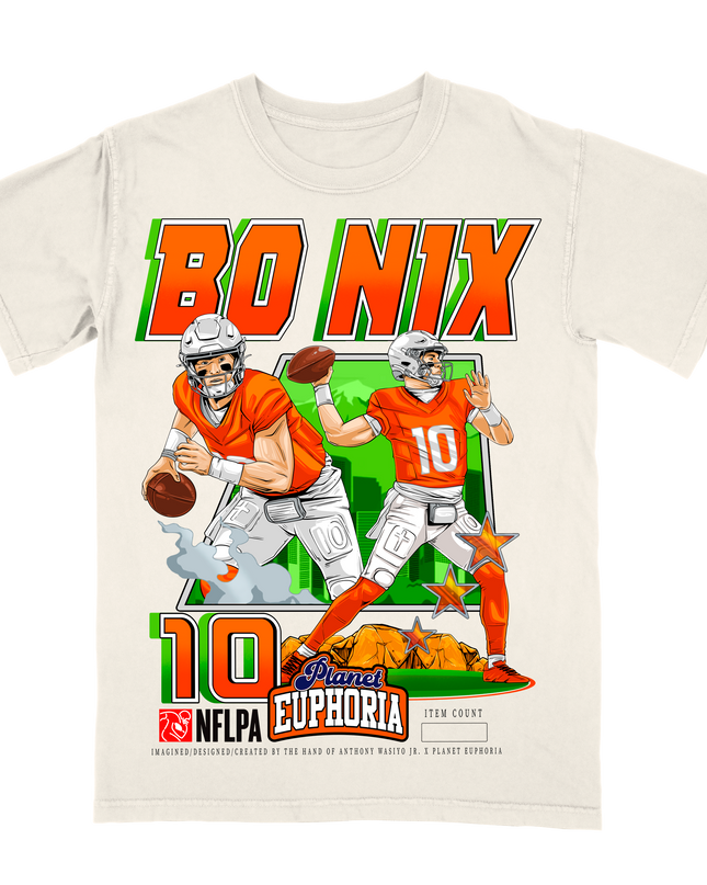 Bo Nix Denver Broncos #10 graphic t-shirt, by Planet Euphoria in off-white, front view.