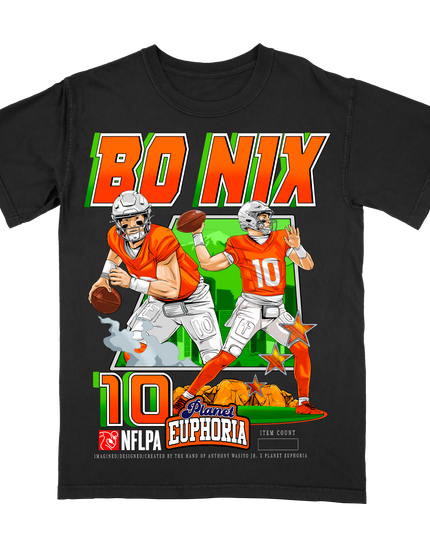 Bo Nix Denver Broncos #10 graphic t-shirt, version 2, by Planet Euphoria in black, front view.