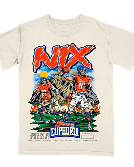 Bo Nix Denver Broncos NFLPA youth sized action graphic tee by Planet Euphoria in off-white with mountains and broncos, front view.