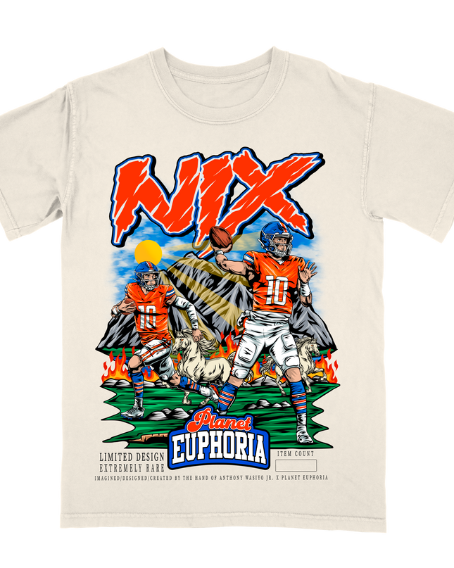 Bo Nix Denver Broncos NFLPA youth sized action graphic tee by Planet Euphoria in off-white with mountains and broncos, front view.