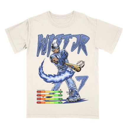 Bobby Witt Jr. 'WITT JR 7' with power meter graphic t-shirt by Planet Euphoria in off-white, front view.