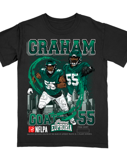 Brandon Graham 'GOAT 55' Philadelphia NFLPA graphic tee by Planet Euphoria in black, front view.