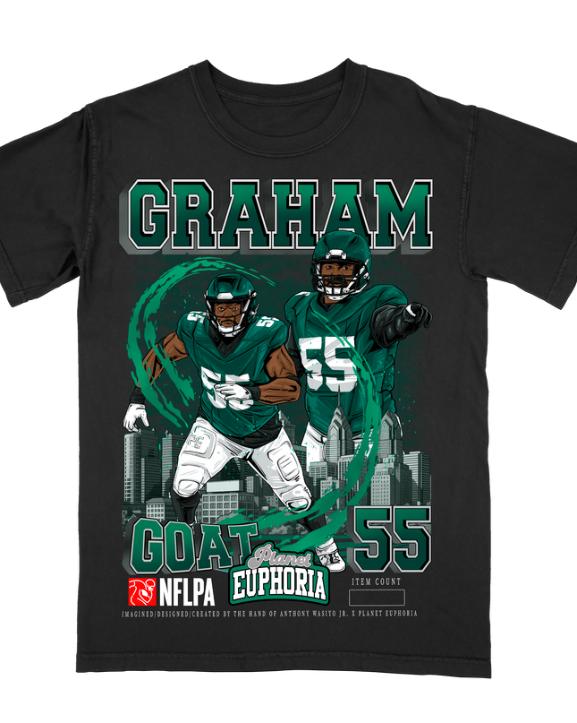 Brandon Graham 'GOAT 55' Philadelphia NFLPA graphic tee by Planet Euphoria in black, front view.