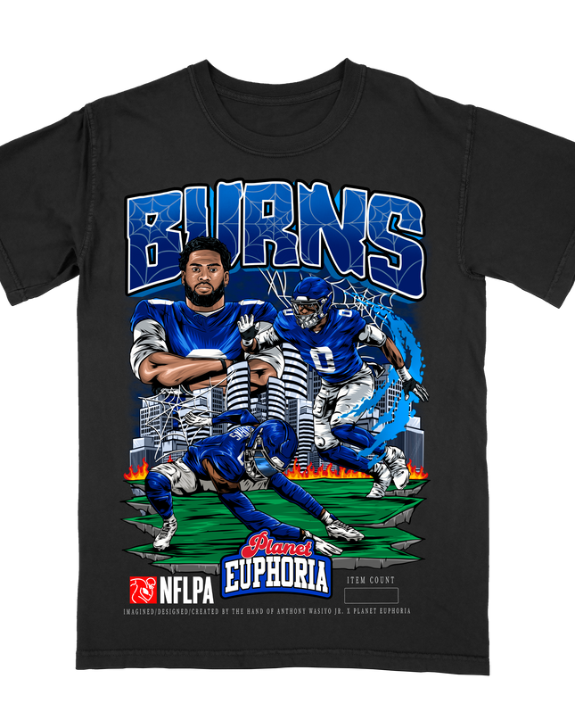 Brian Burns New York Giants NFL Player graphic tee by Planet Euphoria in black, front view.