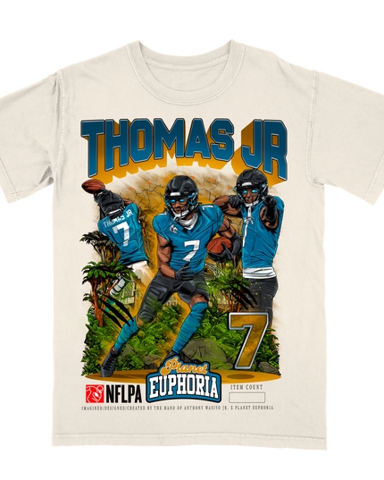 Brian Thomas Jr. Jacksonville NFLPA graphic jungle tee by Planet Euphoria in off-white, front view.