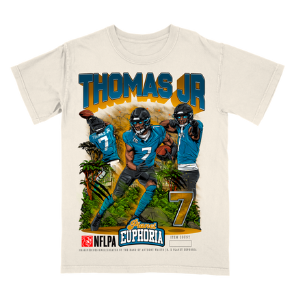 Brian Thomas Jr. Jacksonville NFLPA graphic jungle tee by Planet Euphoria in off-white, front view.