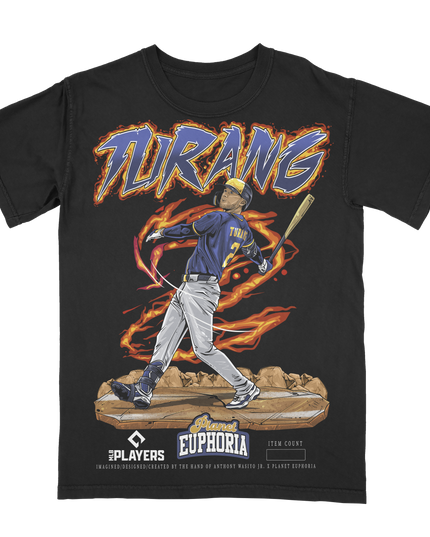 Planet Euphoria Brice Turang graphic baseball tee in black, front view.
