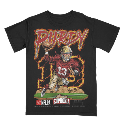 Brock Purdy 'PURDY' San Francisco NFLPA graphic tee featuring flame lettering made by Planet Euphoria in black, front view.