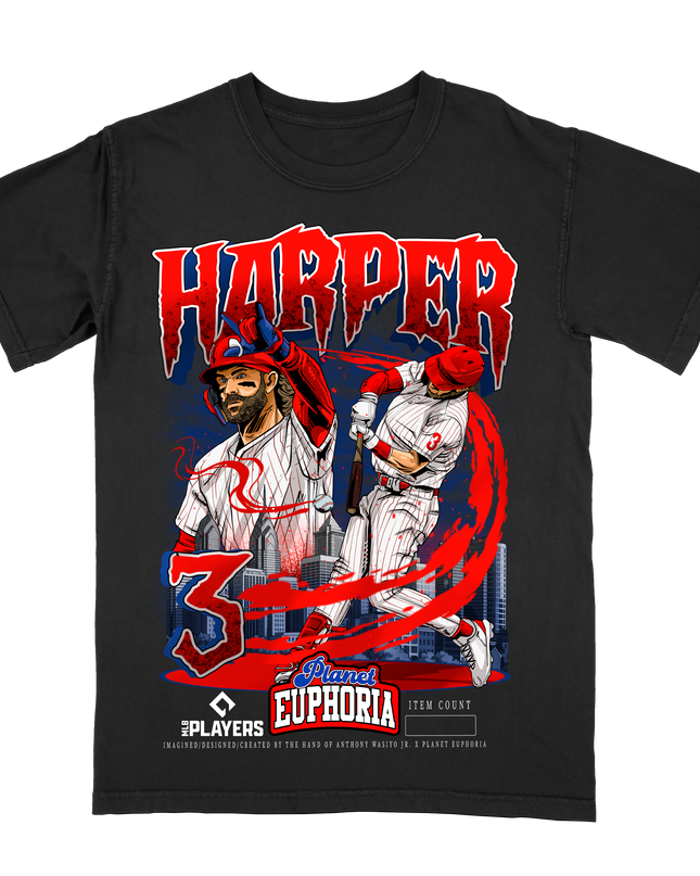 Bryce Harper Philadelphia MLB Player graphic tee by Planet Euphoria in black, front view.