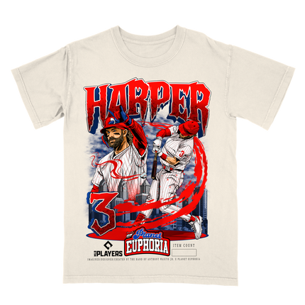 Bryce Harper Mondo MLB Player graphic tee by Planet Euphoria in off-white, front view.