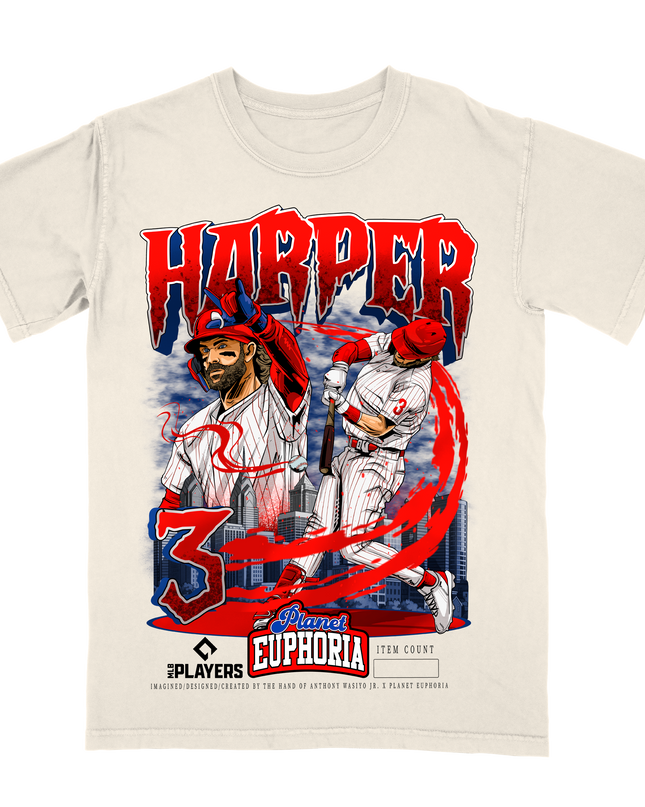 Bryce Harper Mondo MLB Player graphic tee by Planet Euphoria in off-white, front view.
