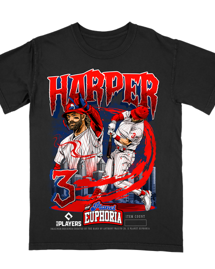 Bryce Harper Philadelphia MLB Player graphic tee V3 by Planet Euphoria in black, front view.