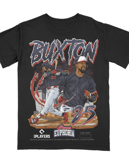 Byron Buxton Minnesota Twins baseball graphic t-shirt from Planet Euphoria, black shirt, front view