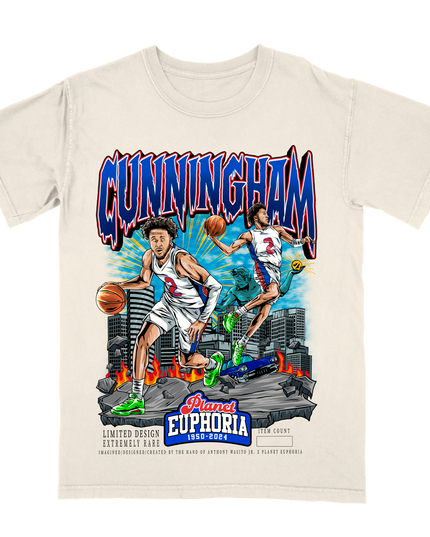 Cade Cunningham Pistons basketball superstar graphic t-shirt by Planet Euphoria in off-white, front view.
