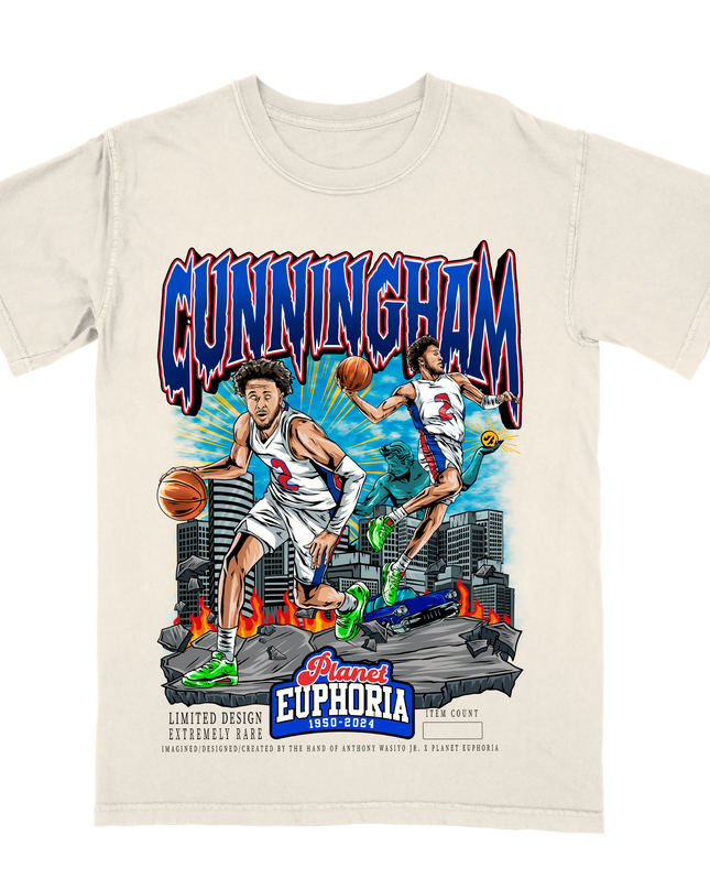 Cade Cunningham Detroit Pistons youth graphic t-shirt by Planet Euphoria in off-white, front view.