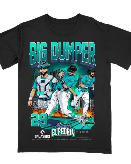 Cal Raleigh 'BIG DUMPER' Seattle MLB Player graphic tee by Planet Euphoria in black, front view.