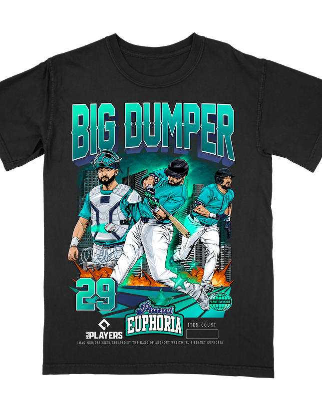 Cal Raleigh 'BIG DUMPER' Seattle MLB Player graphic tee by Planet Euphoria in black, front view.