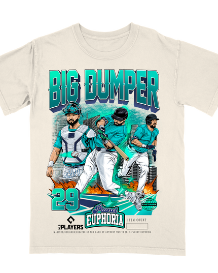 Cal Raleigh 'BIG DUMPER' Seattle MLBPA graphic tee by Planet Euphoria in off-white, front view.