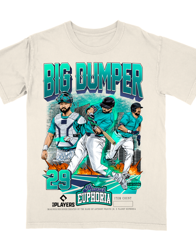 Cal Raleigh 'BIG DUMPER' Seattle MLBPA graphic tee by Planet Euphoria in off-white, front view.