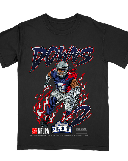 Caleb Downs Dallas Cowboys football graphic t-shirt from Planet Euphoria, black shirt, front view