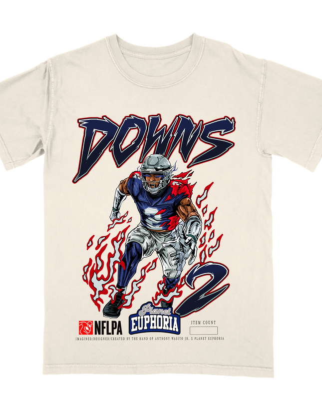 Caleb Downs Dallas Cowboys football graphic t-shirt from Planet Euphoria, off-white shirt, front view