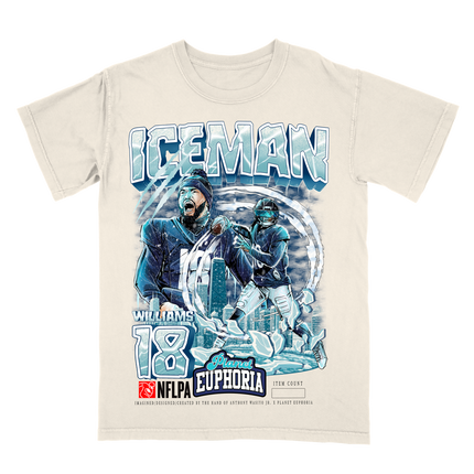 Caleb Williams ICEMAN NFL Player graphic tee by Planet Euphoria in off-white, front view.