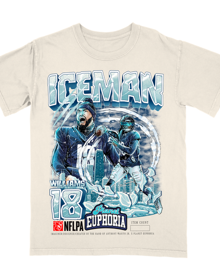 Caleb Williams ICEMAN NFL Player graphic tee by Planet Euphoria in off-white, front view.
