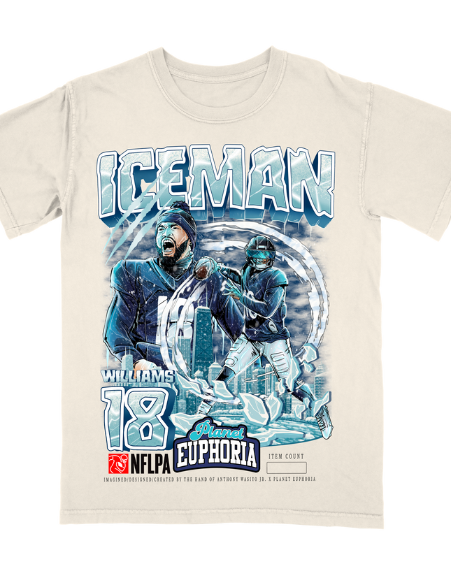 Caleb Williams ICEMAN NFL Player graphic tee by Planet Euphoria in off-white, front view.