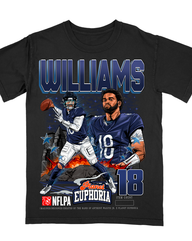 Caleb Williams Chicago QB1 NFL player graphic t-shirt by Planet Euphoria in black, front view.
