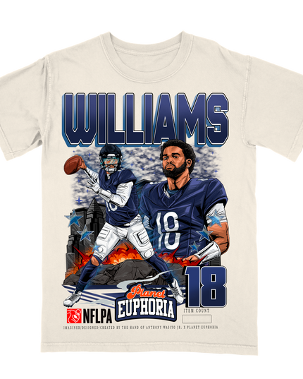 Caleb Williams Chicago NFL player graphic t-shirt by Planet Euphoria in off-white, front view.