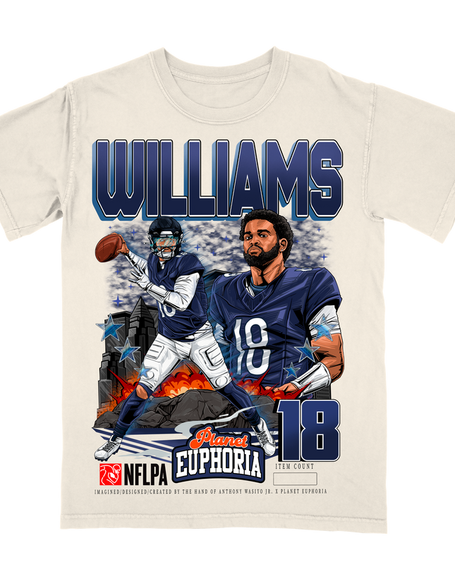 Caleb Williams Chicago NFL player graphic t-shirt by Planet Euphoria in off-white, front view.