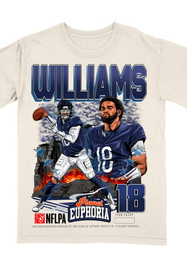 Caleb Williams Chicago NFL player graphic t-shirt, V2, by Planet Euphoria in off-white, front view.