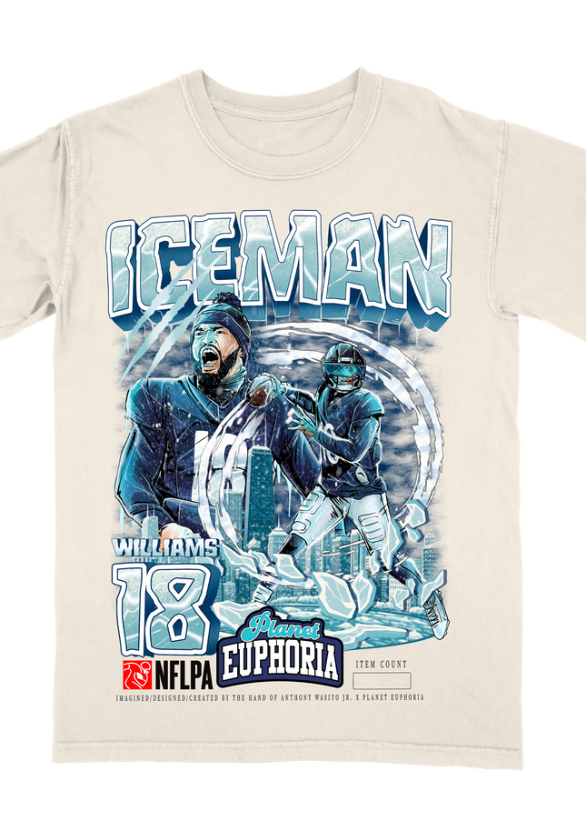 Caleb Williams ICEMAN NFL Player graphic tee by Planet Euphoria in off-white, front view.