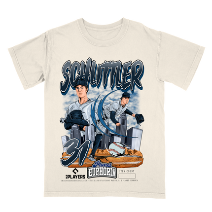 Cam Schlittler Yankees Pitcher graphic tee by Planet Euphoria in off-white, front view.