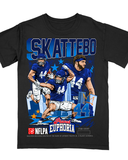 Cam Skattebo New York NFLPA graphic t-shirt by Planet Euphoria in black, front view.