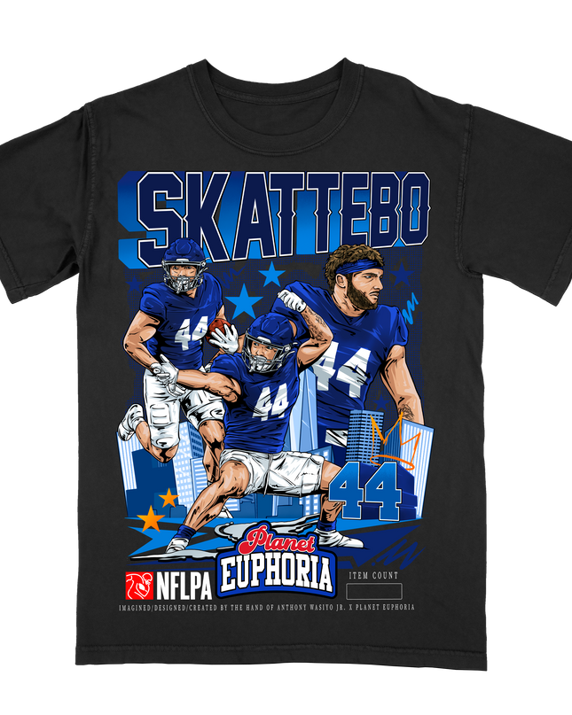 Cam Skattebo New York NFLPA graphic t-shirt by Planet Euphoria in black, front view.