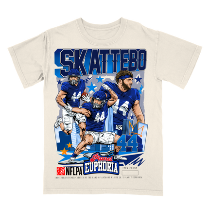 Cam Skattebo New York NFLPA graphic t-shirt by Planet Euphoria in off-white, front view.
