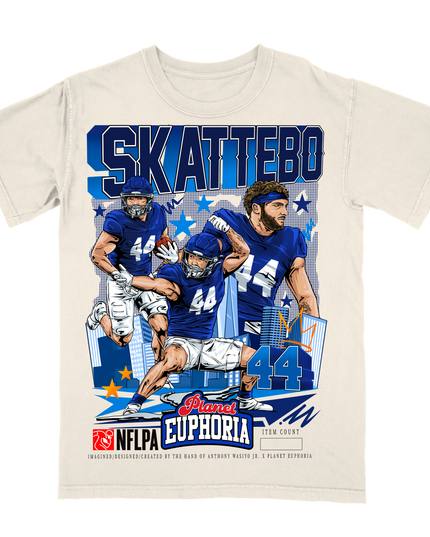 Cam Skattebo New York NFLPA graphic t-shirt by Planet Euphoria in off-white, front view.