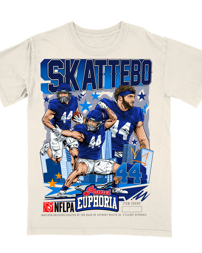 Cam Skattebo New York NFLPA graphic t-shirt by Planet Euphoria in off-white, front view.