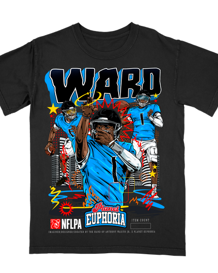 Cam Ward Tennessee Titans posing graphic t-shirt by Planet Euphoria in black, front view.