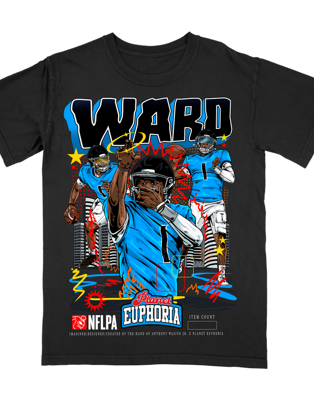 Cam Ward Tennessee Titans posing graphic t-shirt by Planet Euphoria in black, front view.
