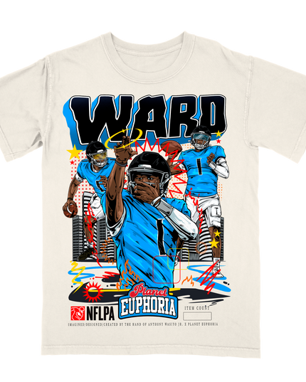 Cam Ward Tennessee Titans posing graphic t-shirt by Planet Euphoria in off-white, front view.