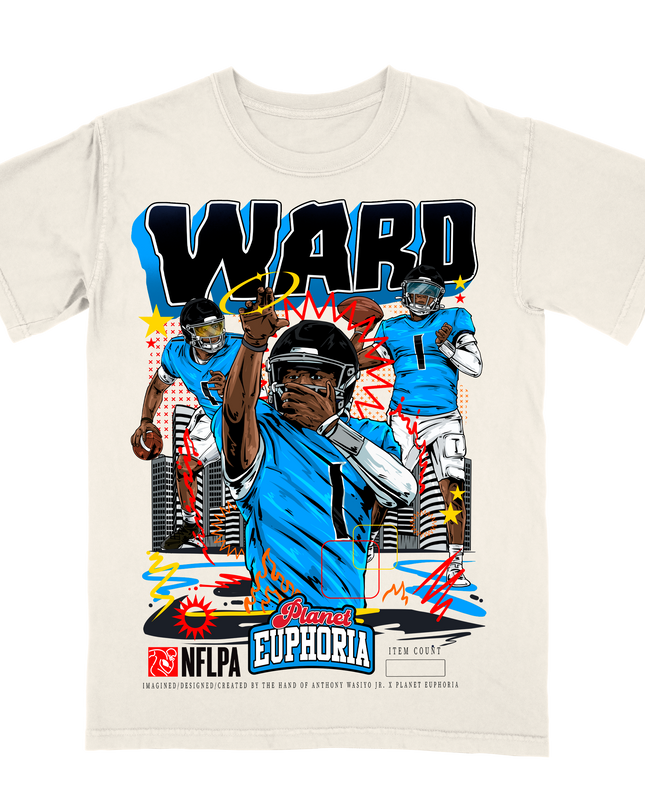 Cam Ward Tennessee Titans posing graphic t-shirt by Planet Euphoria in off-white, front view.