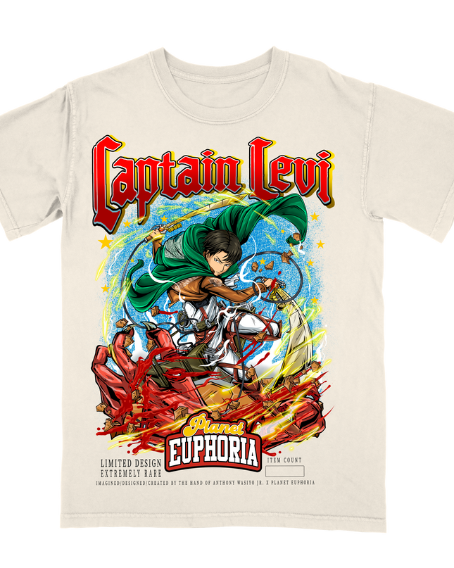 Levi Ackerman Captain Levi graphic illustration youth sized t-shirt by Planet Euphoria in off-white, front view. 