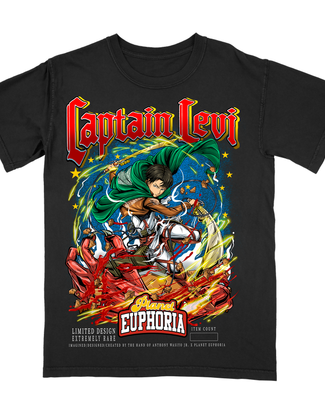 Captain Levi limited edition black graphic t-Shirt with hand drawn artwork in a vibrant color palette by Planet Euphoria, front view.