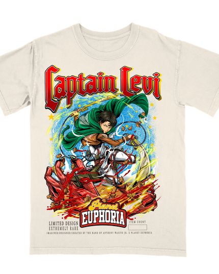 Levi Ackerman Captain Levi graphic illustration t-shirt by Planet Euphoria in off-white, front view. 