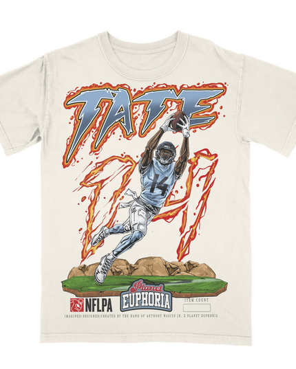 Carnell Tate Cleveland football graphic t-shirt from Planet Euphoria, off-white shirt, front view